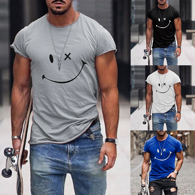 Pánske tričko s krátkym rukávom, letné tričko s okrúhlym výstrihom, smajlíkovou potlačou, ležérne, slim fit, pánske topy, Harajuku, hip hop, pánske oblečenie