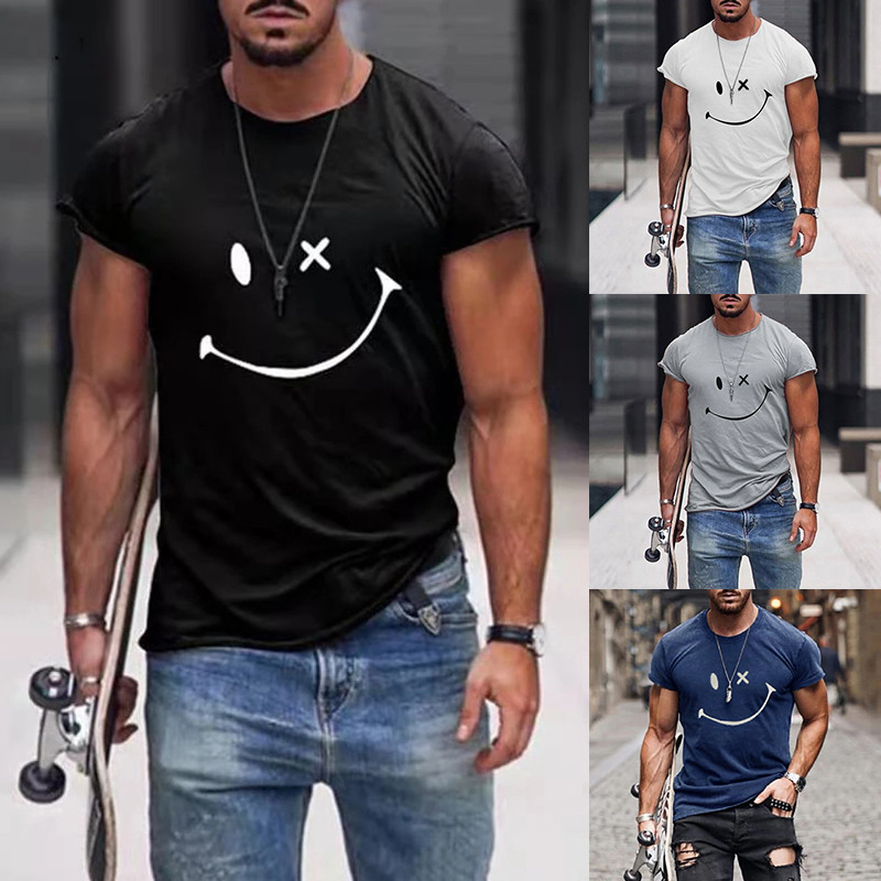 Pánske tričko s krátkym rukávom, letné tričko s okrúhlym výstrihom, smajlíkovou potlačou, ležérne, slim fit, pánske topy, Harajuku, hip hop, pánske oblečenie