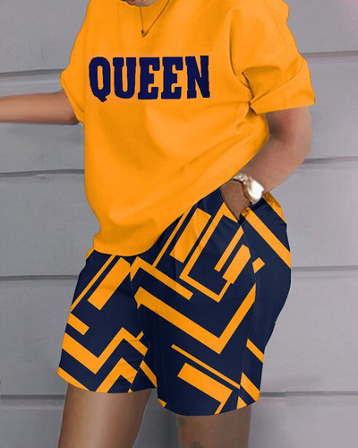 Casual Loose Print Tshirt Κοντό Γυναικείο Σετ 2023 Καλοκαίρι με λαιμόκοψη μπλουζάκι μπλουζάκι δύο τεμαχίων και τσέπες Σορτς κοστούμια