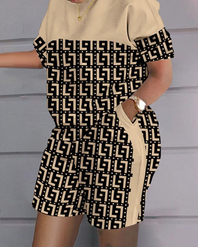 Set scurt de tricou cu imprimeu lejer, pentru femei, vara 2023, cu decolteu O, tricou patchwork, set din două piese și buzunare, pantaloni scurți, costume