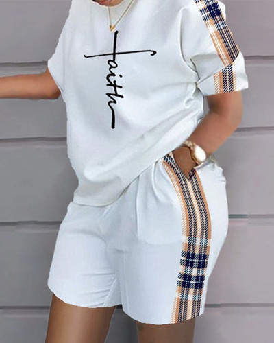 Set scurt de tricou cu imprimeu lejer, pentru femei, vara 2023, cu decolteu O, tricou patchwork, set din două piese și buzunare, pantaloni scurți, costume