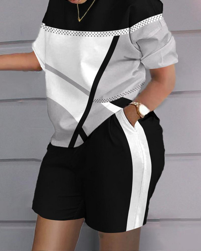 Set scurt de tricou cu imprimeu lejer, pentru femei, vara 2023, cu decolteu O, tricou patchwork, set din două piese și buzunare, pantaloni scurți, costume