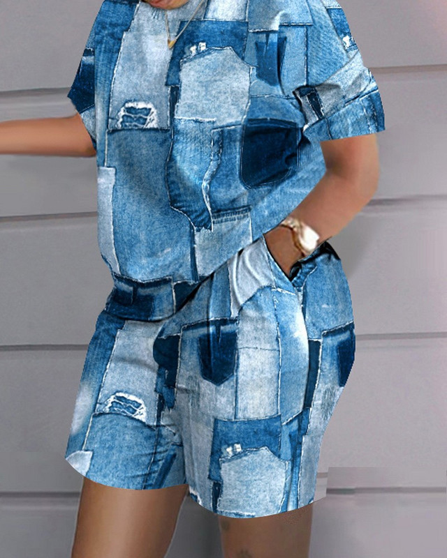 Set scurt de tricou cu imprimeu lejer, pentru femei, vara 2023, cu decolteu O, tricou patchwork, set din două piese și buzunare, pantaloni scurți, costume