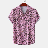 Cămăși pentru bărbați cu imprimeu de leopard roz Bluză cu nasturi slăbite cu rever, îmbrăcăminte de stradă de vară, cămăși sexy pentru bărbați, cămăși hawaiene