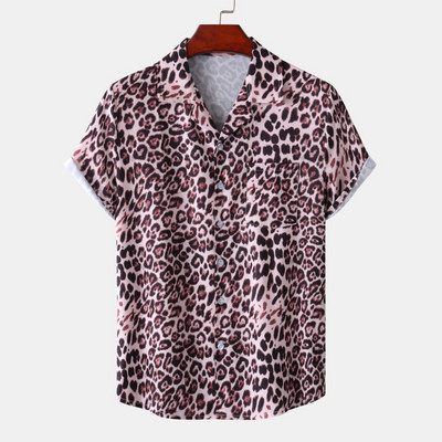 Cămăși pentru bărbați cu imprimeu de leopard roz Bluză cu nasturi slăbite cu rever, îmbrăcăminte de stradă de vară, cămăși sexy pentru bărbați, cămăși hawaiene