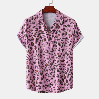 Cămăși pentru bărbați cu imprimeu de leopard roz Bluză cu nasturi slăbite cu rever, îmbrăcăminte de stradă de vară, cămăși sexy pentru bărbați, cămăși hawaiene
