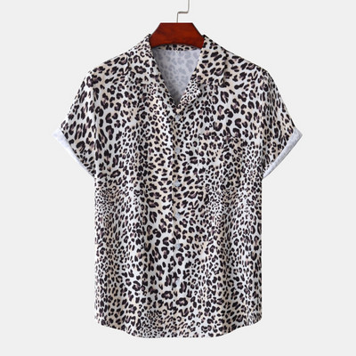 Cămăși pentru bărbați cu imprimeu de leopard roz Bluză cu nasturi slăbite cu rever, îmbrăcăminte de stradă de vară, cămăși sexy pentru bărbați, cămăși hawaiene