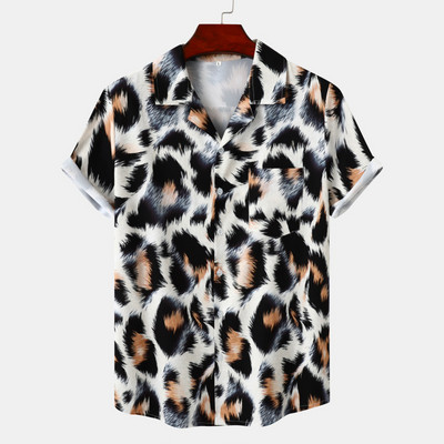 Cămăși pentru bărbați cu imprimeu de leopard roz Bluză cu nasturi slăbite cu rever, îmbrăcăminte de stradă de vară, cămăși sexy pentru bărbați, cămăși hawaiene
