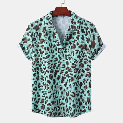 Cămăși pentru bărbați cu imprimeu de leopard roz Bluză cu nasturi slăbite cu rever, îmbrăcăminte de stradă de vară, cămăși sexy pentru bărbați, cămăși hawaiene