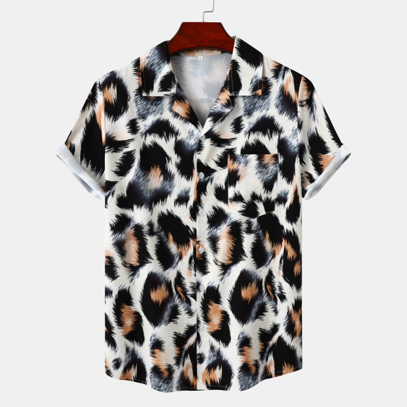 Cămăși pentru bărbați cu imprimeu de leopard roz Bluză cu nasturi slăbite cu rever, îmbrăcăminte de stradă de vară, cămăși sexy pentru bărbați, cămăși hawaiene
