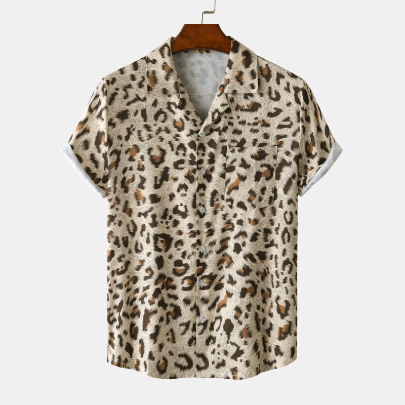 Cămăși pentru bărbați cu imprimeu de leopard roz Bluză cu nasturi slăbite cu rever, îmbrăcăminte de stradă de vară, cămăși sexy pentru bărbați, cămăși hawaiene