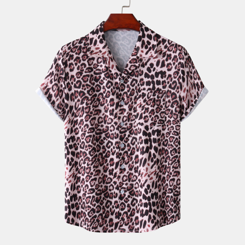 Cămăși pentru bărbați cu imprimeu de leopard roz Bluză cu nasturi slăbite cu rever, îmbrăcăminte de stradă de vară, cămăși sexy pentru bărbați, cămăși hawaiene