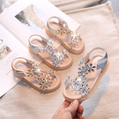 Sandale pentru copii de designer de modă pentru fete 2023 Pantofi de petrecere de vară Transparente la gleznă cu curele în T cu strasuri Flori pentru fete