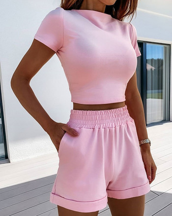 Σετ 2 τεμαχίων Γυναικεία Καλοκαιρινό O-Neck Casual Crop Top 2020 Γυναικεία ρούχα Τσέπες Φαρδιά σορτς δύο τεμαχίων