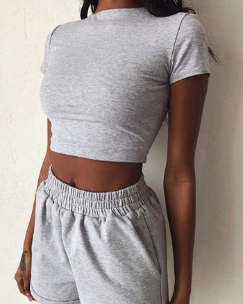 Σετ 2 τεμαχίων Γυναικεία Καλοκαιρινό O-Neck Casual Crop Top 2020 Γυναικεία ρούχα Τσέπες Φαρδιά σορτς δύο τεμαχίων