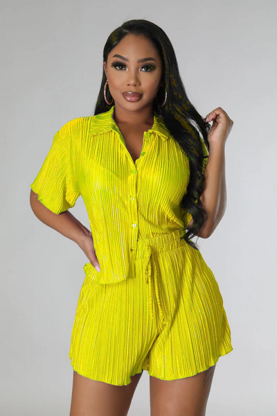 CM.YAYA Street Vintage plisat Set damă bluză cu mânecă scurtă și costum pantaloni scurți 2023 INS Set 2 piese ținută Trening