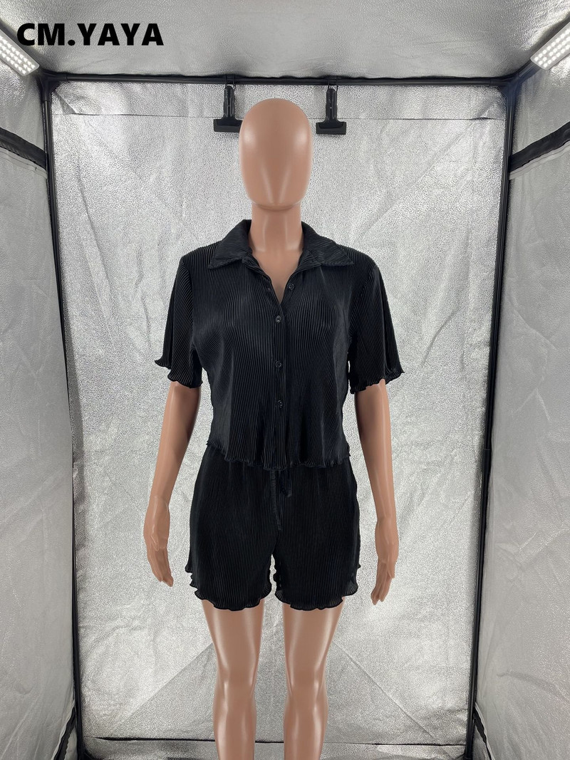 CM.YAYA Street Vintage plisat Set damă bluză cu mânecă scurtă și costum pantaloni scurți 2023 INS Set 2 piese ținută Trening