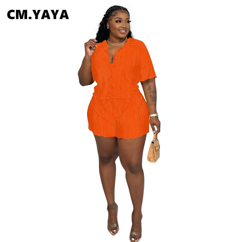 CM.YAYA Street Vintage plisat Set damă bluză cu mânecă scurtă și costum pantaloni scurți 2023 INS Set 2 piese ținută Trening