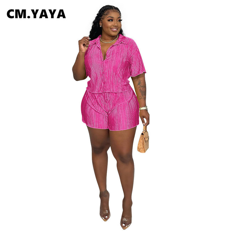 CM.YAYA Street Vintage plisat Set damă bluză cu mânecă scurtă și costum pantaloni scurți 2023 INS Set 2 piese ținută Trening