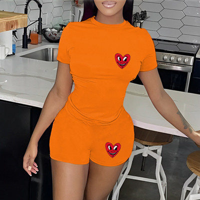 HLJ Summer Casual Letter Σορτς με στάμπα δύο τεμαχίων Γυναικεία μπλούζα με στρογγυλή λαιμόκοψη και σορτς αθλητικές φόρμες Γυναικεία ασορτί 2 τμχ.
