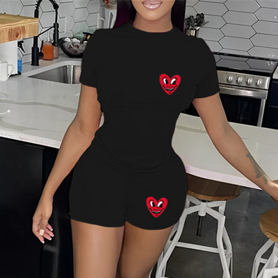 HLJ Summer Casual Letter Σορτς με στάμπα δύο τεμαχίων Γυναικεία μπλούζα με στρογγυλή λαιμόκοψη και σορτς αθλητικές φόρμες Γυναικεία ασορτί 2 τμχ.