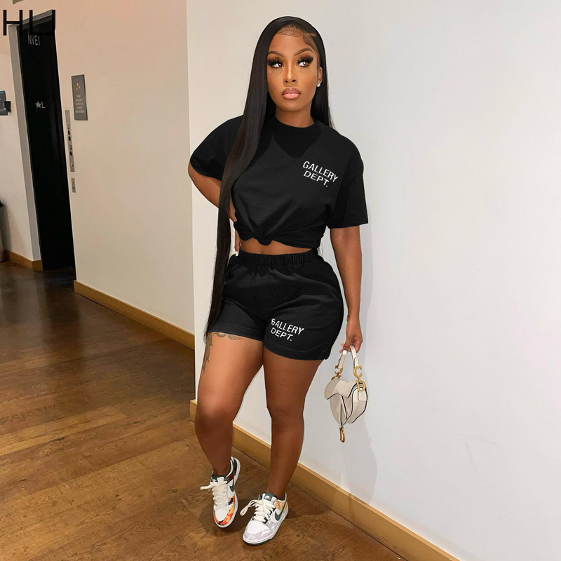 HLJ Summer Casual Letter Σορτς με στάμπα δύο τεμαχίων Γυναικεία μπλούζα με στρογγυλή λαιμόκοψη και σορτς αθλητικές φόρμες Γυναικεία ασορτί 2 τμχ.