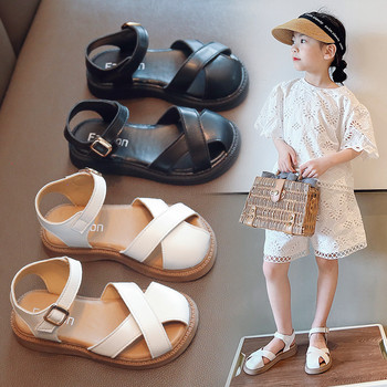 Размер 22-37 Сандали за момичета Летни големи детски обувки за момичета Мека PU кожа с издълбани модни дизайнерски сандали Черни, бежови