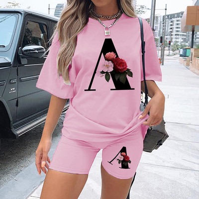 Летни дамски комплекти от две части 2022 г. Розови тениски с щампа с 26 букви + къси панталони Костюми с къс ръкав Ежедневни секси джогинг къси панталони Облекло