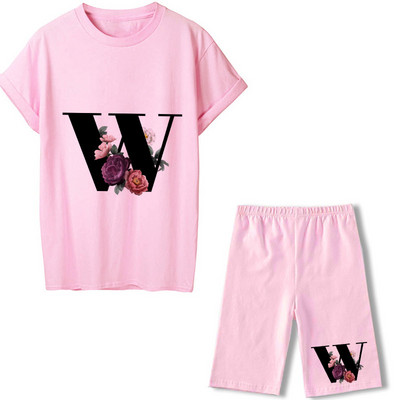 2022 m. vasaros moterų dviejų dalių rinkiniai 26 raidėmis marginti rožiniai marškinėliai + šortai kostiumai trumpomis rankovėmis, laisvalaikio seksualūs bėgimo šortai apranga