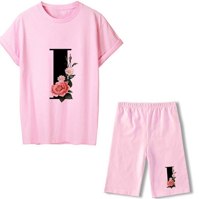 2022 m. vasaros moterų dviejų dalių rinkiniai 26 raidėmis marginti rožiniai marškinėliai + šortai kostiumai trumpomis rankovėmis, laisvalaikio seksualūs bėgimo šortai apranga