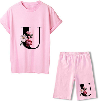 2022 m. vasaros moterų dviejų dalių rinkiniai 26 raidėmis marginti rožiniai marškinėliai + šortai kostiumai trumpomis rankovėmis, laisvalaikio seksualūs bėgimo šortai apranga