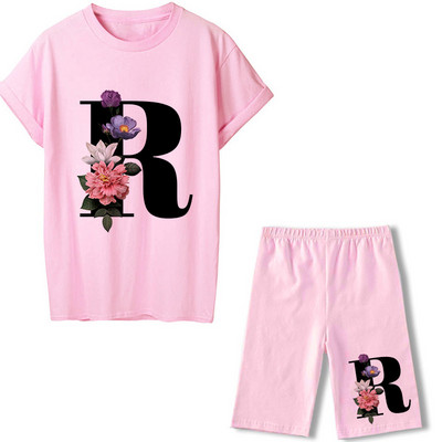 2022 m. vasaros moterų dviejų dalių rinkiniai 26 raidėmis marginti rožiniai marškinėliai + šortai kostiumai trumpomis rankovėmis, laisvalaikio seksualūs bėgimo šortai apranga