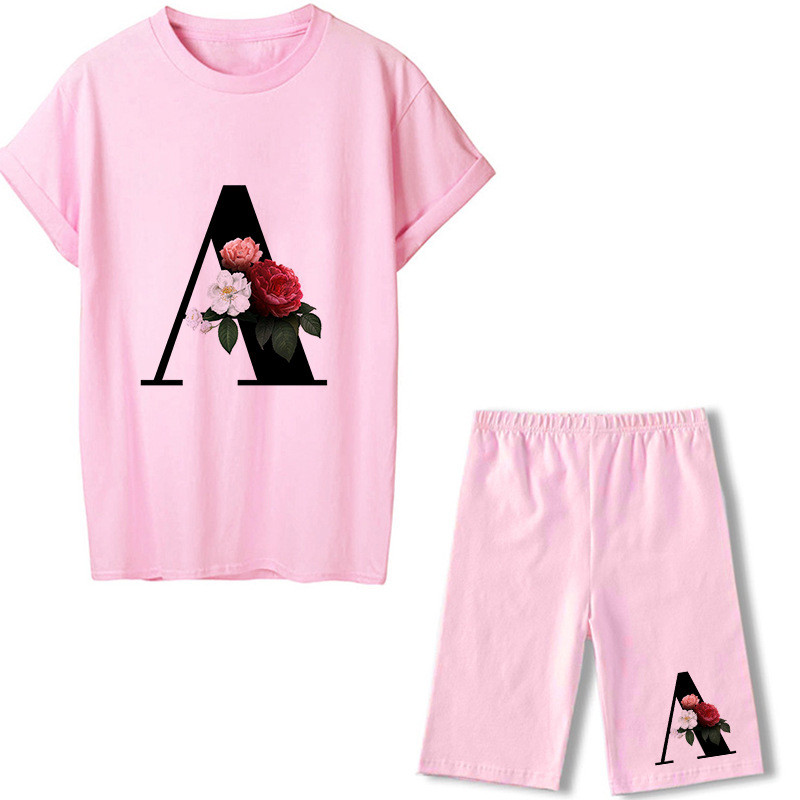 2022 m. vasaros moterų dviejų dalių rinkiniai 26 raidėmis marginti rožiniai marškinėliai + šortai kostiumai trumpomis rankovėmis, laisvalaikio seksualūs bėgimo šortai apranga