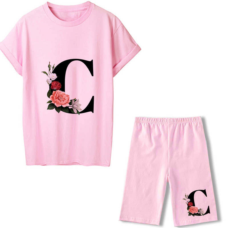 2022 m. vasaros moterų dviejų dalių rinkiniai 26 raidėmis marginti rožiniai marškinėliai + šortai kostiumai trumpomis rankovėmis, laisvalaikio seksualūs bėgimo šortai apranga