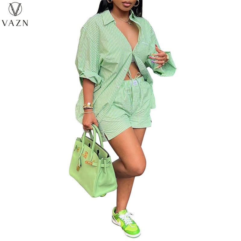 VAZN 2022 Fashion Hot Sale Utcai alkalmi stílusú szettek rövid ujjú hajtókás ing rugalmas rövid nadrág csíkos női kétrészes készlet