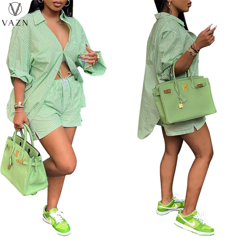 VAZN 2022 Fashion Hot Sale Utcai alkalmi stílusú szettek rövid ujjú hajtókás ing rugalmas rövid nadrág csíkos női kétrészes készlet