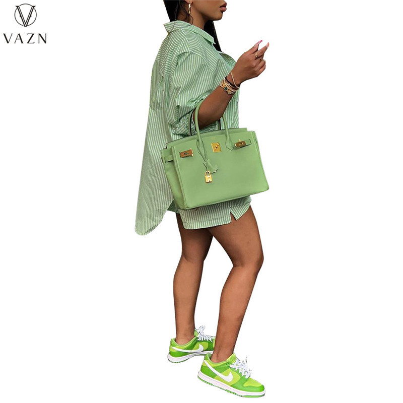 VAZN 2022 Fashion Hot Sale Utcai alkalmi stílusú szettek rövid ujjú hajtókás ing rugalmas rövid nadrág csíkos női kétrészes készlet