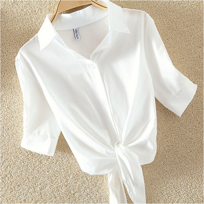 Γυναικεία μπλούζα πουκάμισο από 100% βαμβάκι Λευκό καλοκαιρινό πουκάμισο πουκάμισο για διακοπές Φαρδιά κοντομάνικα μπλουζάκια και μπλούζες Γυναικεία μπλούζα Νέα