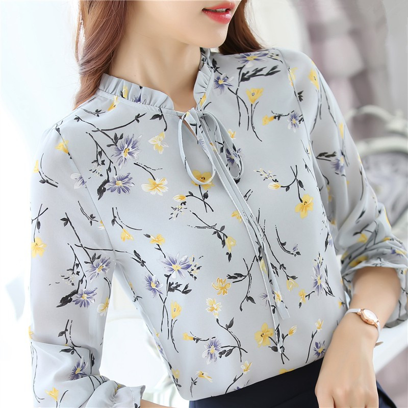 Blusas Femininas 2018 Módne kvetinové topy a blúzky Mujer Jesenné dámske košele s dlhým rukávom, potlačené šifónové dámske blúzky
