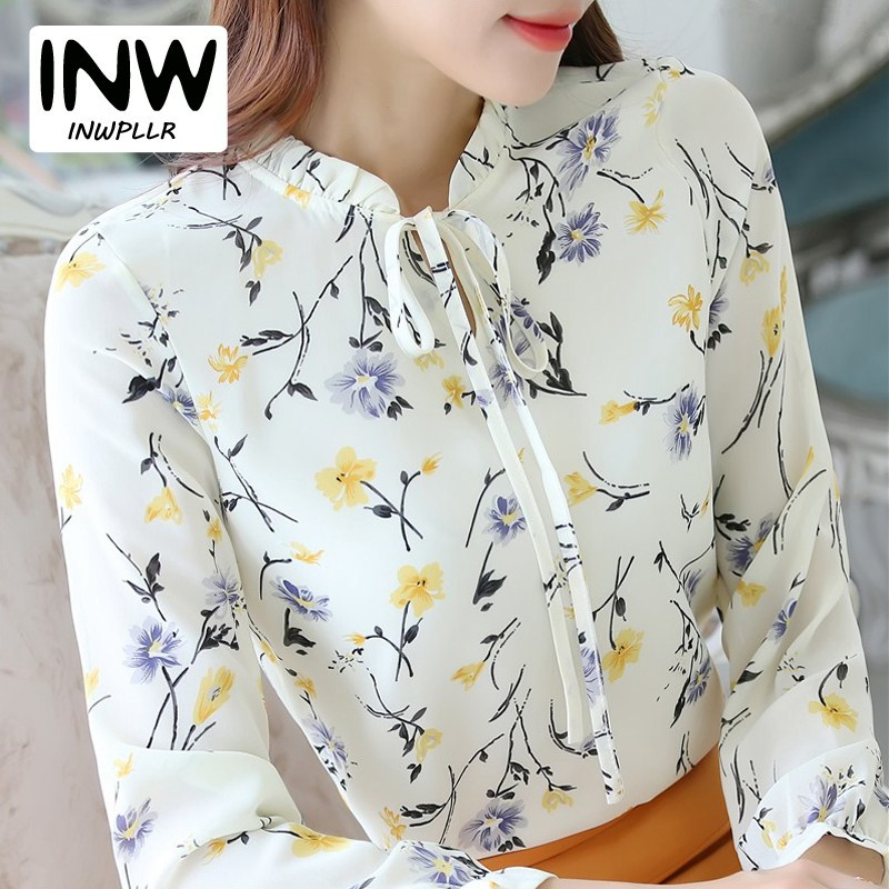 Blusas Femininas 2018 Módne kvetinové topy a blúzky Mujer Jesenné dámske košele s dlhým rukávom, potlačené šifónové dámske blúzky