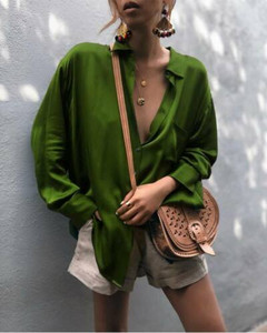 Νέα Harajuku ανοιξιάτικη γυναικεία μπλούζα φθινοπώρου Μακρυμάνικα casual πουκάμισα Leisure σατέν πουκάμισο γραφείου Γυναικεία μπλε κόκκινα πράσινα μπλουζάκια