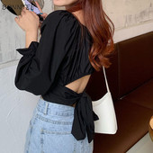 Pluusid Naised Kärbitud Kevadine vabaaja Ulzzang Solid Sobivad igapäevased Lihtsad ruudukujulised kraega särgid Kolledži Trendikas pitsiga saledad naised