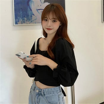 Γυναικείες μπλούζες Cropped Άνοιξη Casual Ulzzang Solid All-match Καθημερινά απλά τετράγωνα πουκάμισα γιακά Κολεγιακά μοντέρνα κορδόνια λεπτές κυρίες