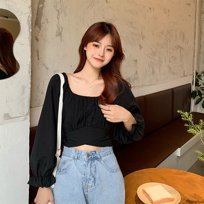 Pluusid Naised Kärbitud Kevadine vabaaja Ulzzang Solid Sobivad igapäevased Lihtsad ruudukujulised kraega särgid Kolledži Trendikas pitsiga saledad naised