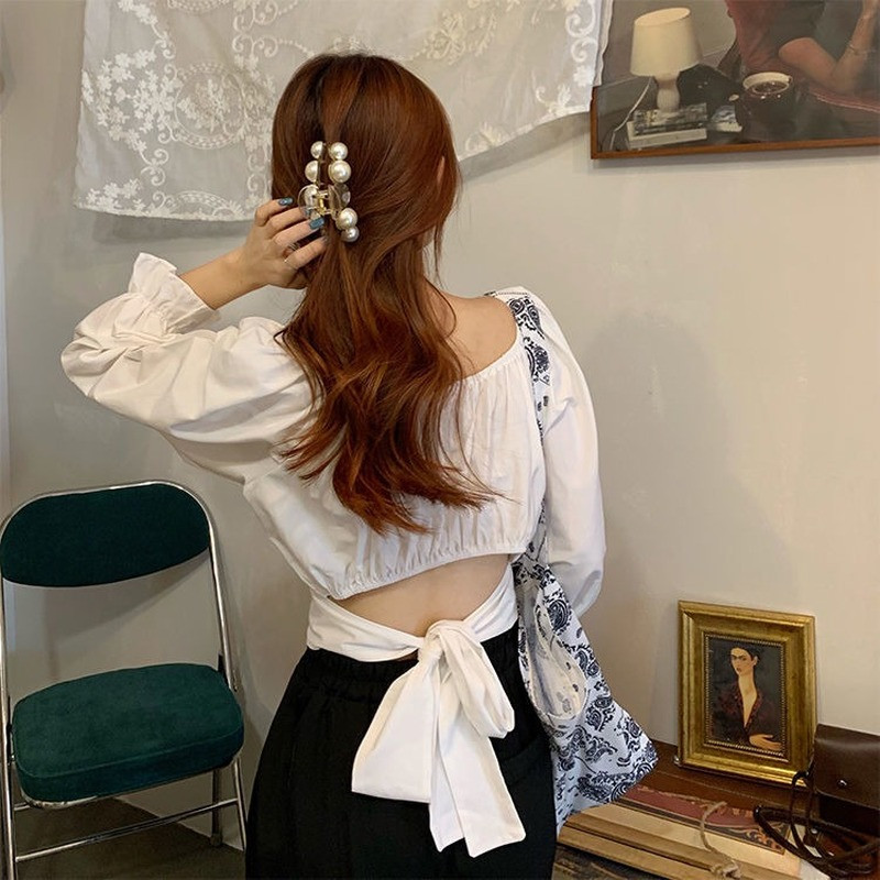 Bluze Femei Decupate de primăvară Casual Ulzzang Solid All-match Zilnic Simplu Cămăși cu guler pătrat La modă colegiu șireturi Slim Doamnelor