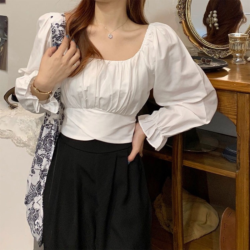 Bluze Femei Decupate de primăvară Casual Ulzzang Solid All-match Zilnic Simplu Cămăși cu guler pătrat La modă colegiu șireturi Slim Doamnelor