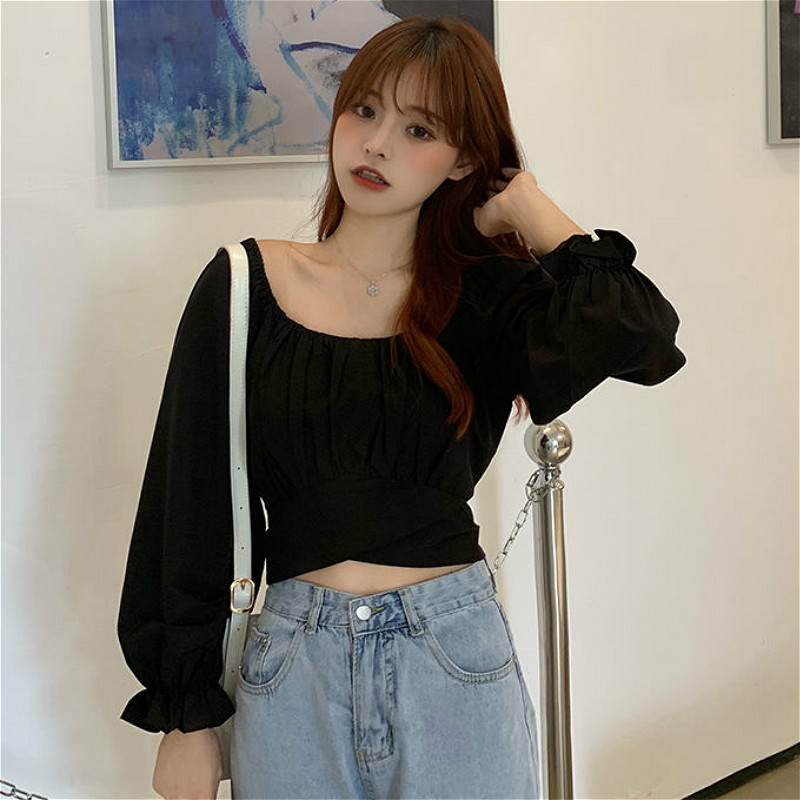 Bluze Femei Decupate de primăvară Casual Ulzzang Solid All-match Zilnic Simplu Cămăși cu guler pătrat La modă colegiu șireturi Slim Doamnelor