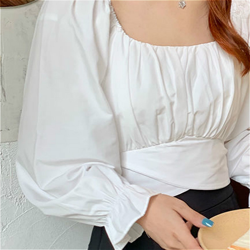 Bluze Femei Decupate de primăvară Casual Ulzzang Solid All-match Zilnic Simplu Cămăși cu guler pătrat La modă colegiu șireturi Slim Doamnelor