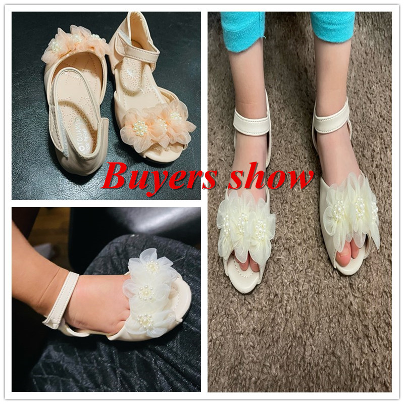 Σανδάλι Mulut Ikan Kristal Mutiara Bunga Bayi Perempuan Musim Panas Sandal Hak Datar Anak Slip On Mutiara Anak Pernikahan Putri untuk Anak Kecil