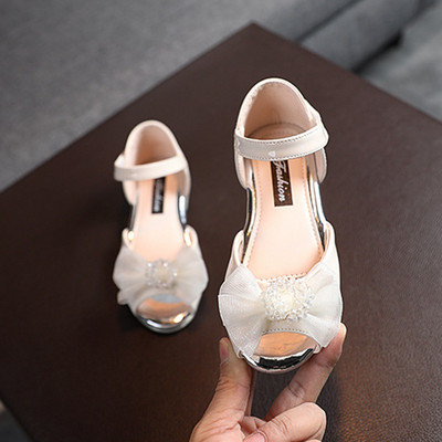 Baywell Sandal untuk Anak Perempuan Anak-anak Modis Ikatan Simpul Jaring Mutiara Sepatu Pesta Putri Musim Panas Anak-anak Sandal Kaki Bulat